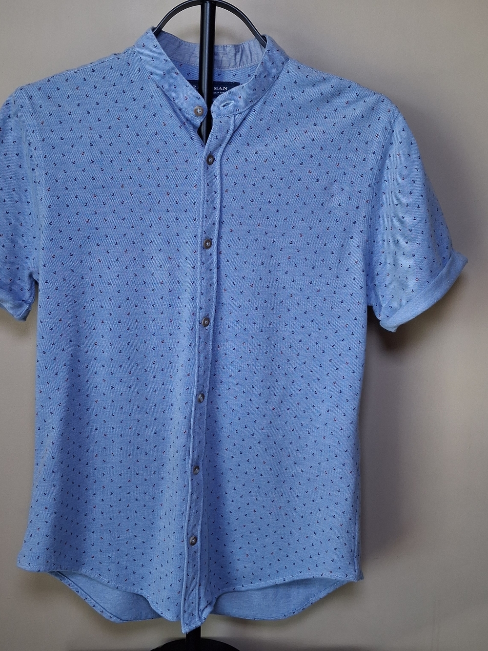 Zara Man Slim Fit Blue Anchor Roll Sleeve Button Up Shirt; Size M